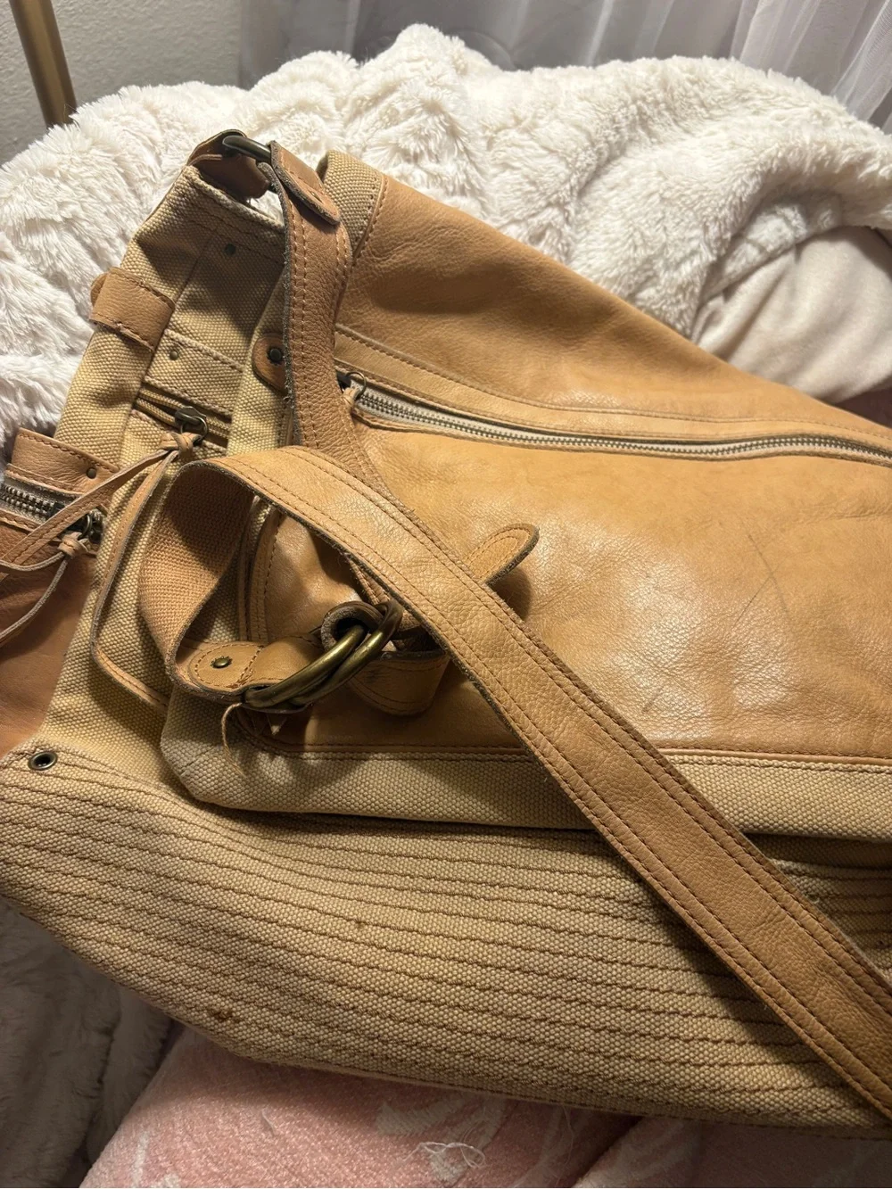 Fossil Tan Leather & Canvas Laptop Messenger Bag